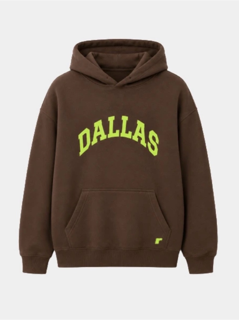 RHODE Brown Hoodie with Neon Yellow 'DALLAS' Appliqué